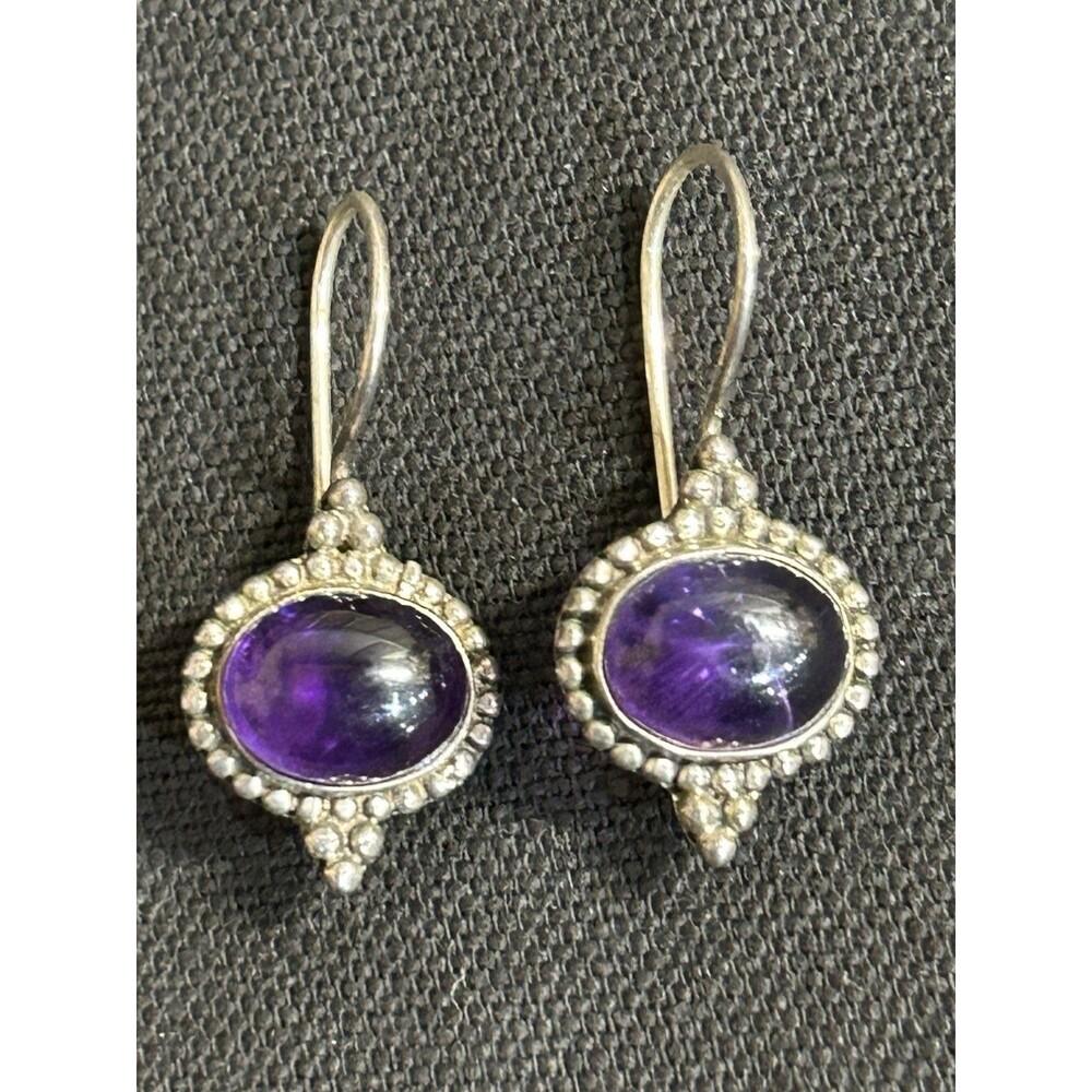 .925 Sterling Silver Earrings Simulated Amethyst Art Deco Hook Closure J256